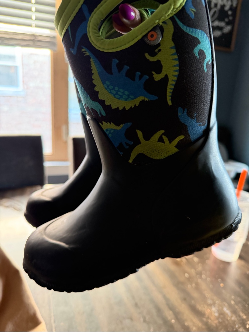 Joules Black Kids Rain Boots with Blue & Green Dinosaur Print